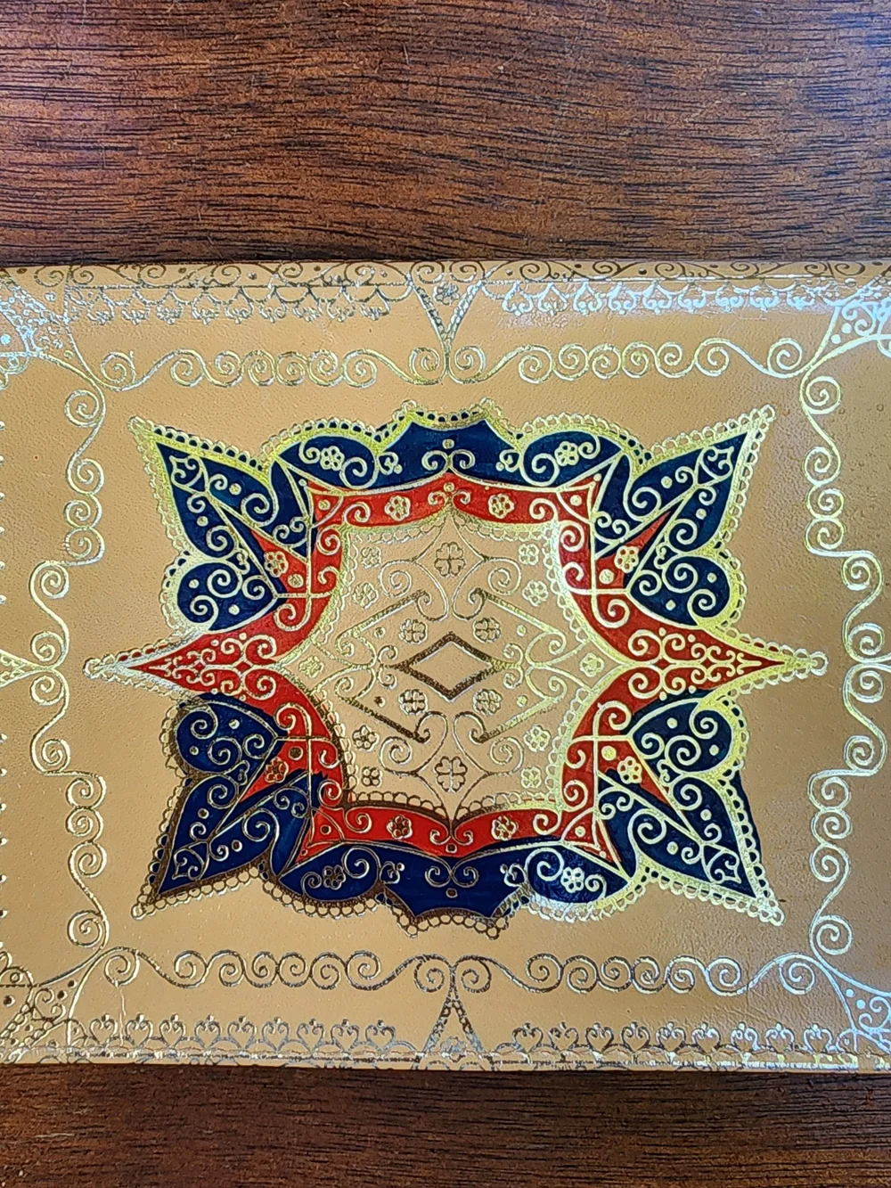 Vintage Tooled Gold Leather Envelope Clutch Bohemian Geometric Shamsa Medallion